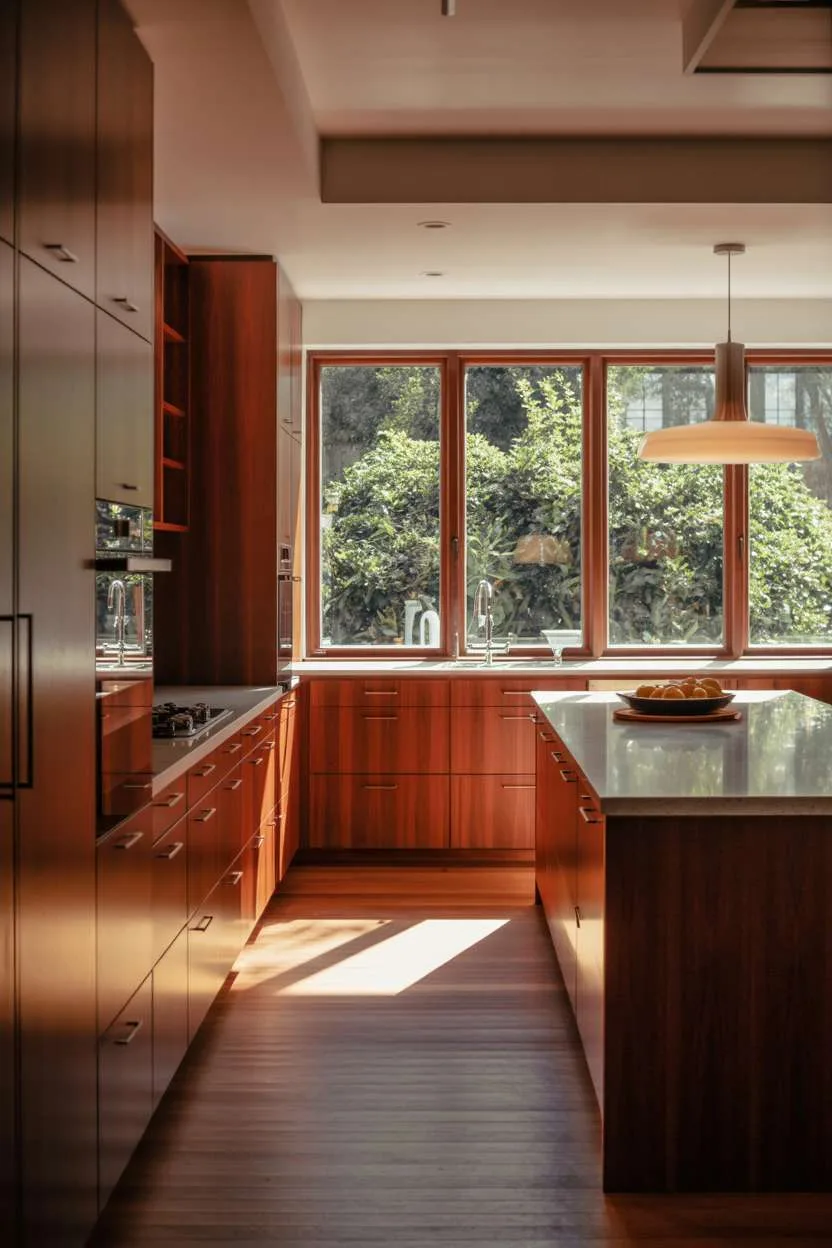 25 Timeless Wood Kitchen Ideas to Elevate Everyday Living 22 Modern cherry wood kitchen with stainless steel hardware, grey quartz waterfall island, and pendant lamp