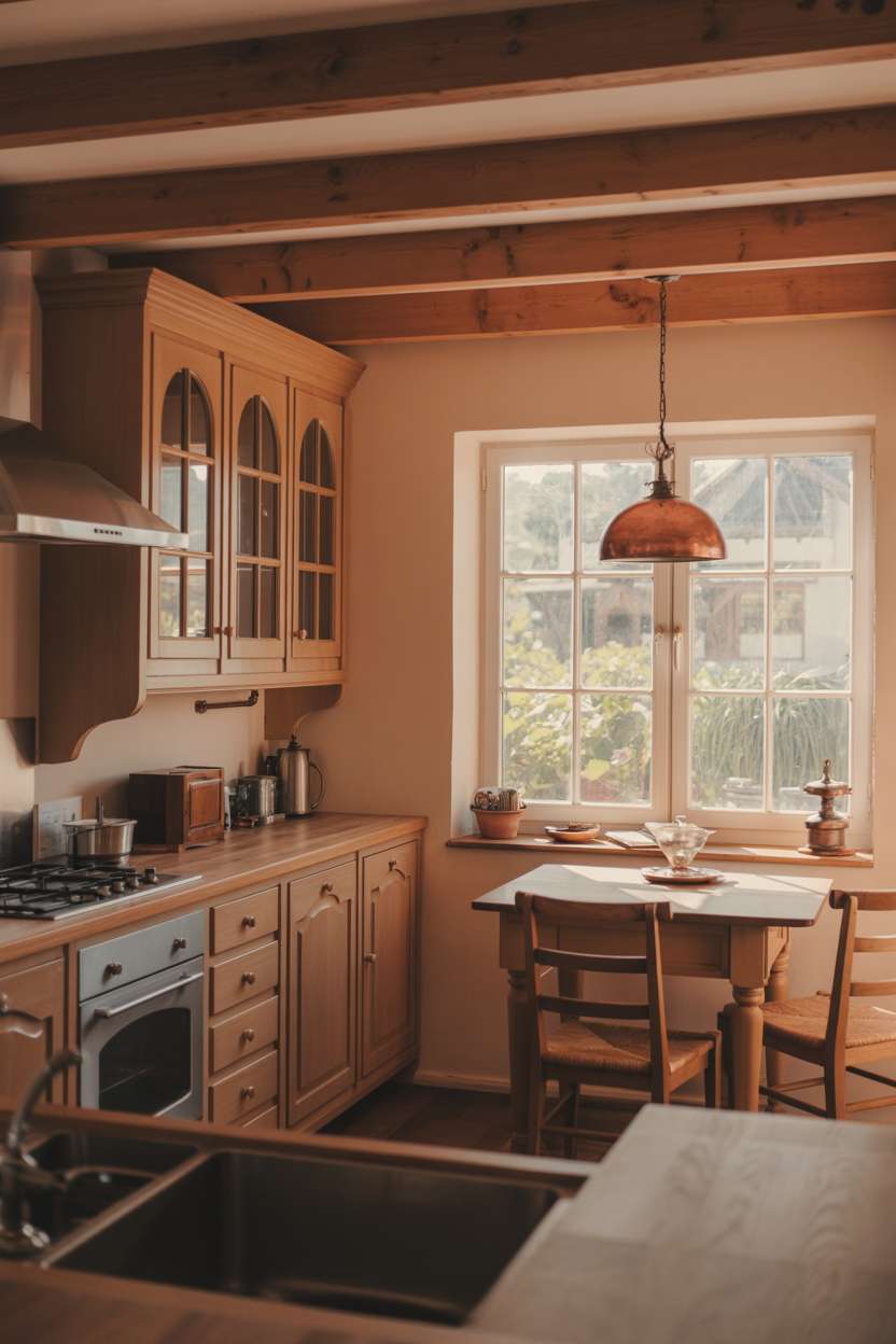 Charming rustic kitchen with light oak cabinets, butcher block countertops, exposed ceiling beams, and breakfast nook