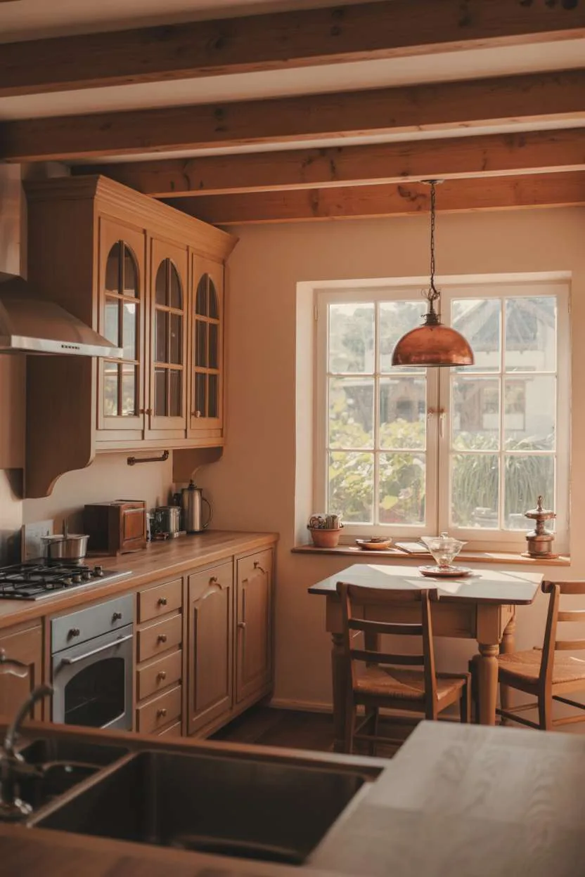 25 Timeless Wood Kitchen Ideas to Elevate Everyday Living 23 Charming rustic kitchen with light oak cabinets, butcher block countertops, exposed ceiling beams, and breakfast nook