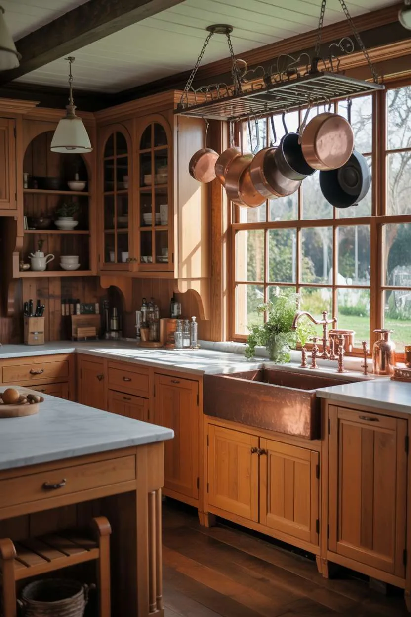 25 Timeless Wood Kitchen Ideas to Elevate Everyday Living 24 Rustic wooden kitchen with honey-toned cabinets, farmhouse sink, marble countertops, and copper pot rack