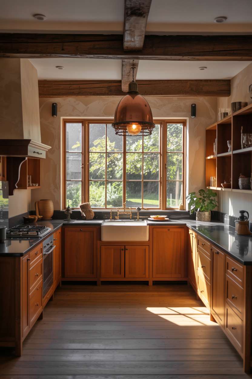 Cozy wooden kitchen with honey-toned cabinets viewed from dining area, featuring dark marble countertops and exposed beams