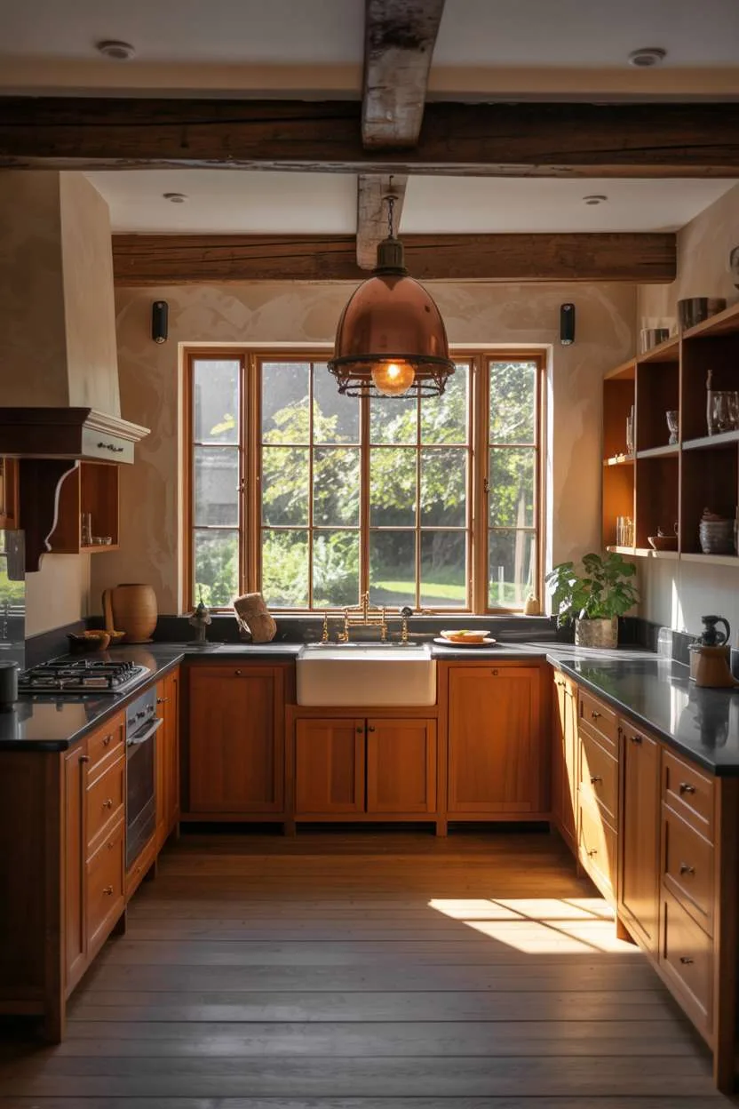 25 Timeless Wood Kitchen Ideas to Elevate Everyday Living 25 Cozy wooden kitchen with honey-toned cabinets viewed from dining area, featuring dark marble countertops and exposed beams