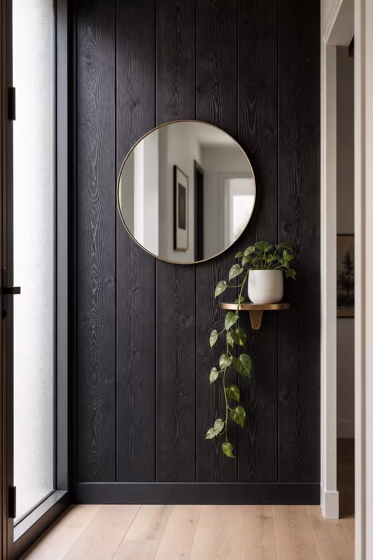 Charred cedar planks in Shou Sugi Ban finish behind a round brass-framed mirror in an entryway with soft morning light