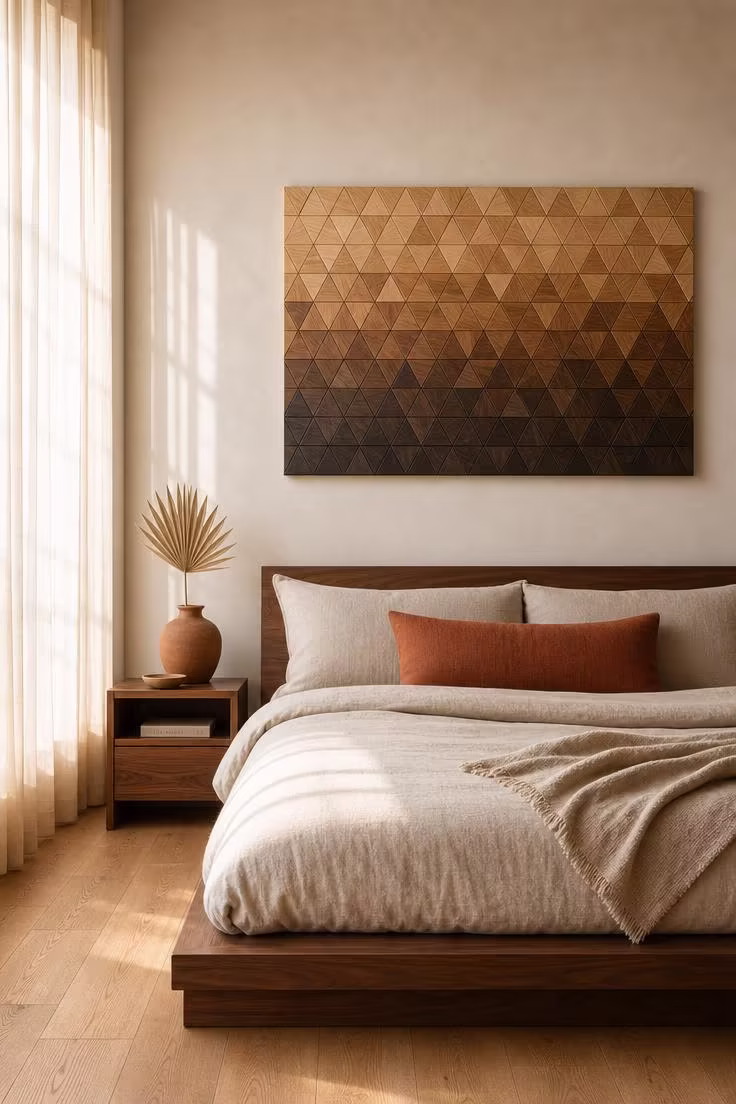 Walnut marquetry triangle panel in a honey-to-espresso gradient above a low walnut bed frame in a sunlit bedroom
