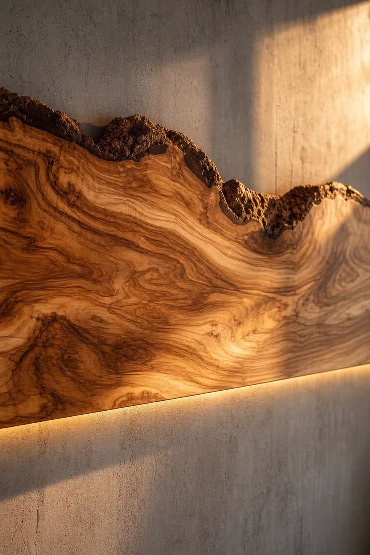 Close-up of a live edge olive wood slab with golden grain patterns mounted on a grey concrete-effect wall in golden hour light