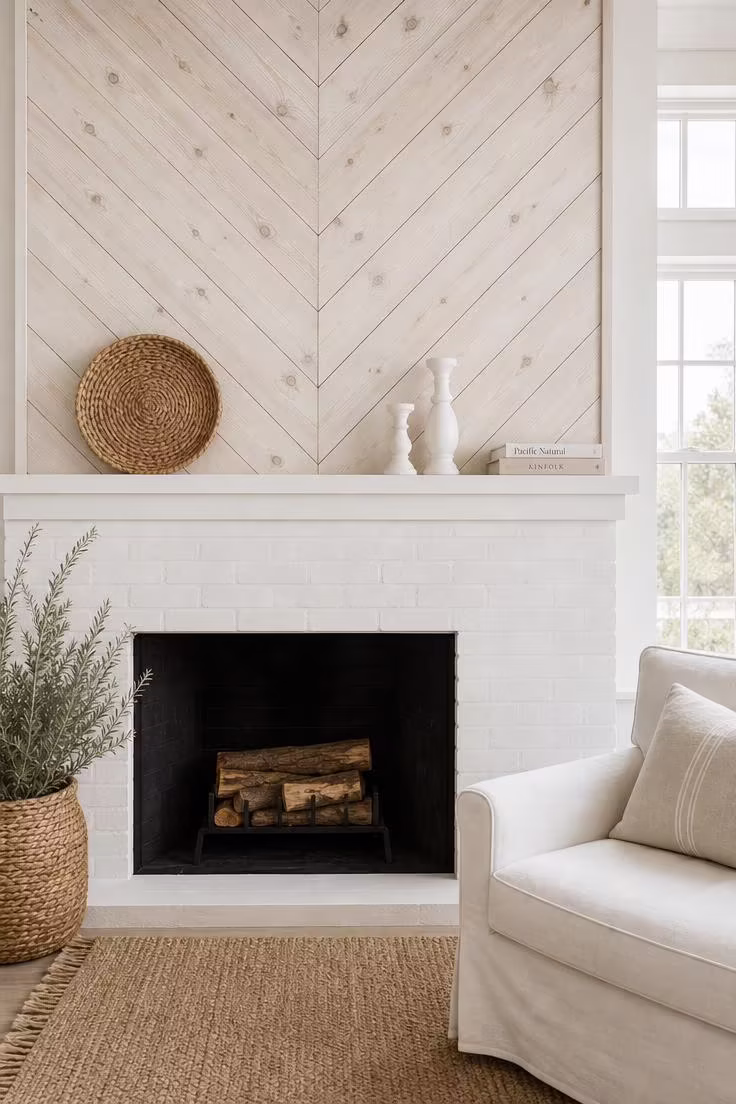 Whitewashed pine planks in a chevron pattern above a white brick fireplace mantel in a calm coastal living room