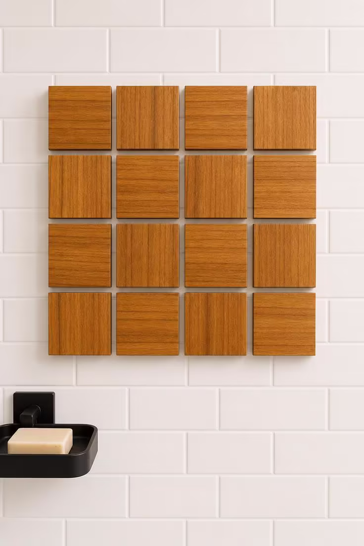 A four-by-four grid of oiled teak blocks with alternating grain directions mounted on white subway tile in a bathroom