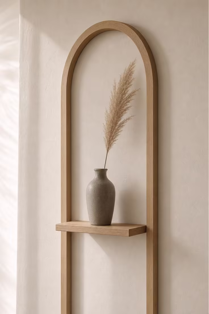 A steam-bent white oak arch sculpture mounted on a white plaster wall framing a small floating shelf with a grey stoneware vase