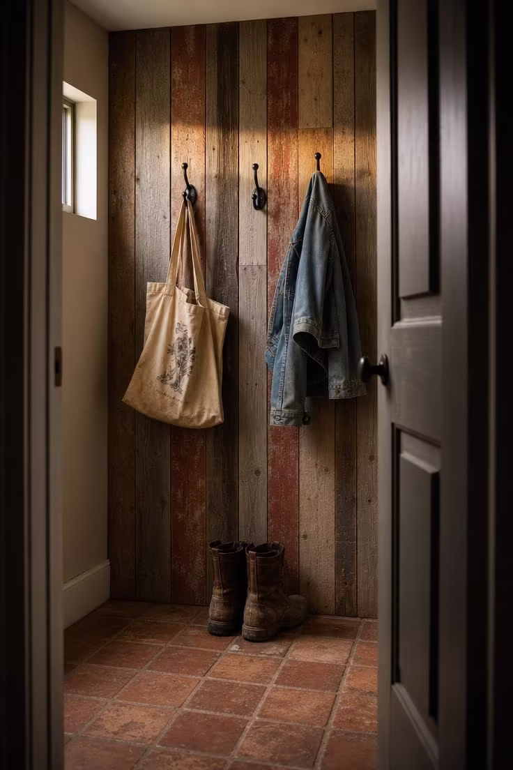 Reclaimed fence pickets in mismatched widths and faded tones covering a mudroom wall with black iron coat hooks and a canvas tote bag