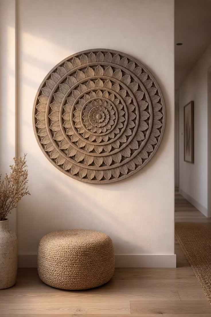 A large carved mango wood mandala stained in driftwood grey mounted on a white wall in a hallway with warm golden hour light across the carved surface