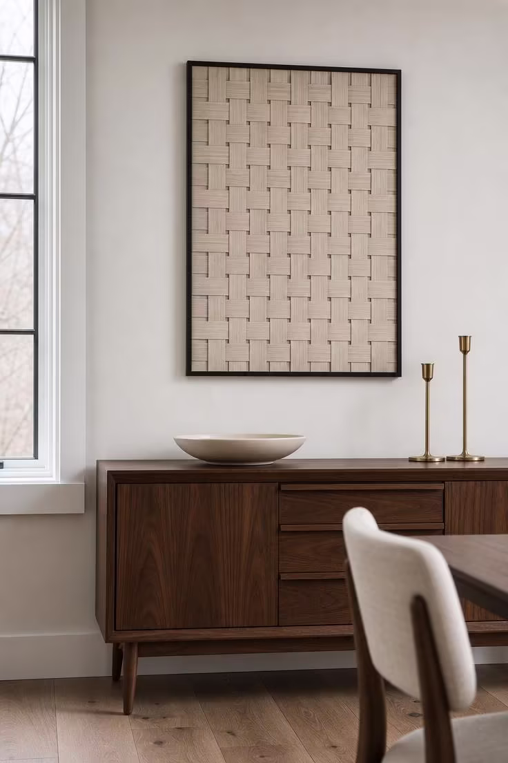 Pale ash strips woven in a basketweave pattern inside a black steel frame mounted above a walnut credenza in a dining area