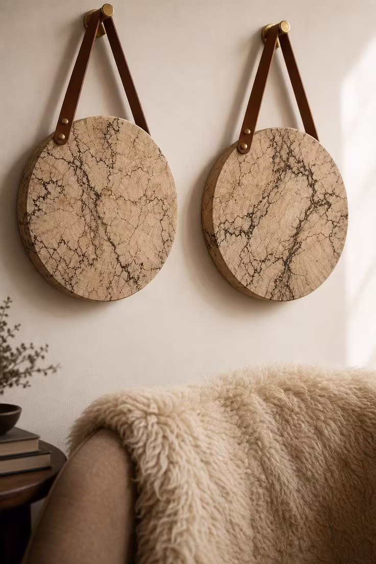 Two spalted maple rounds with dark veining patterns hung side by side on tan leather straps with brass hardware against a warm white wall