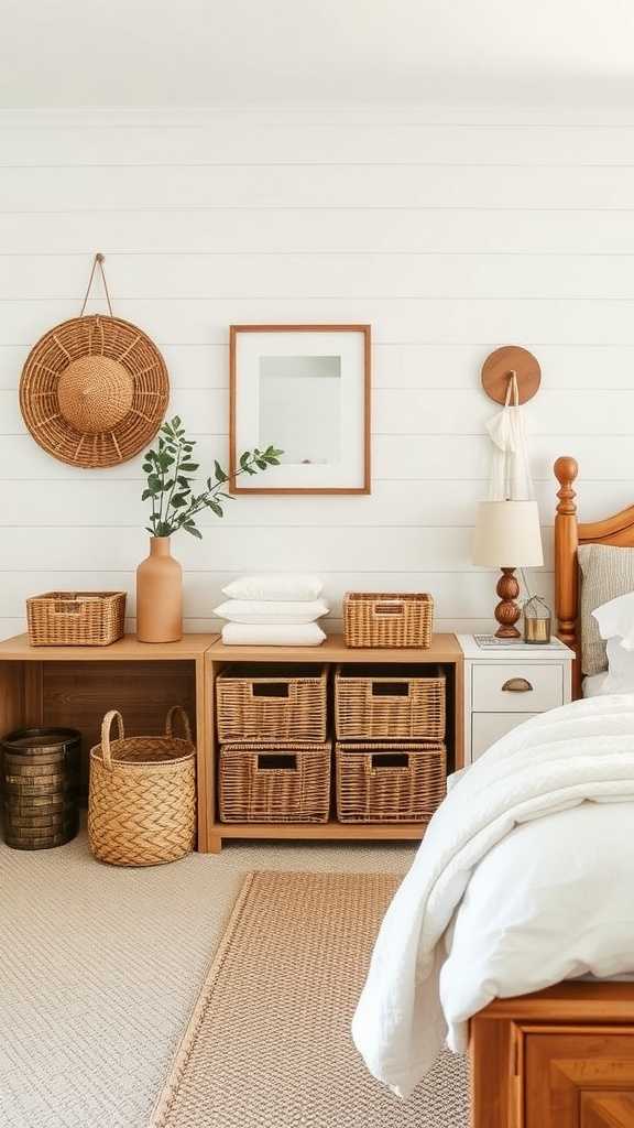 A rustic farmhouse bedroom featuring woven baskets for storage on a wooden shelf.