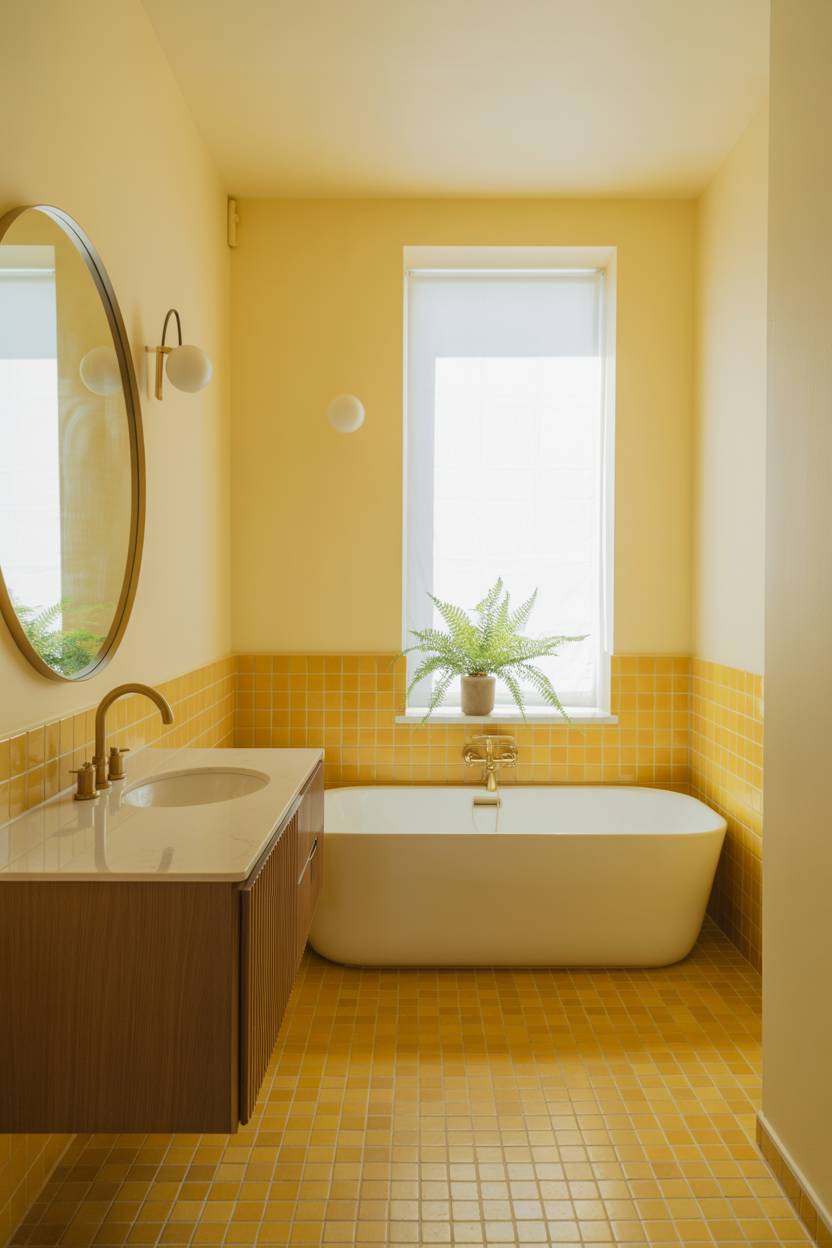 19 Bold Yellow Bathroom Ideas to Brighten Your Space 1 Modern bathroom with soft lemon walls, sunflower yellow tiled floor, white bathtub, and brass fixtures