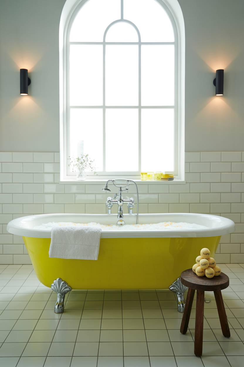 19 Bold Yellow Bathroom Ideas to Brighten Your Space 2 Modern bathroom featuring a bright lemon yellow clawfoot bathtub with chrome fixtures and bath products