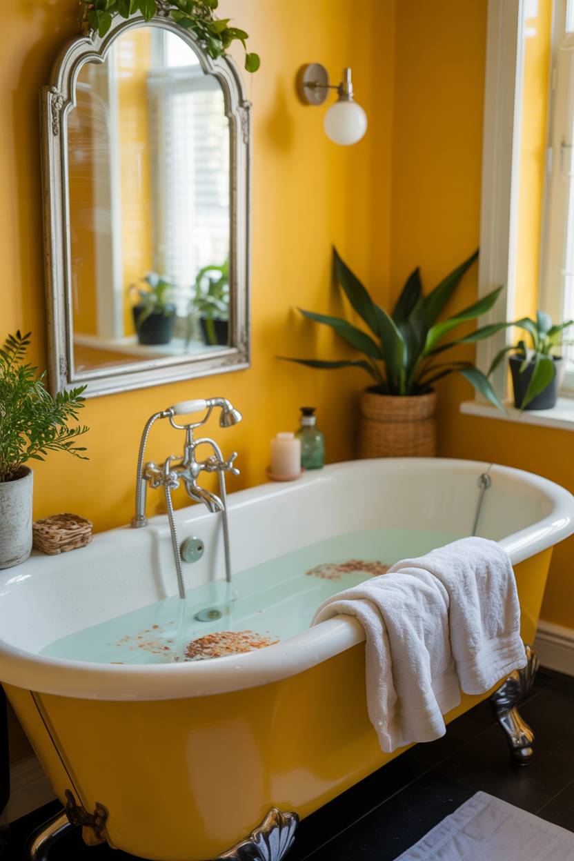 19 Bold Yellow Bathroom Ideas to Brighten Your Space 3 Warm yellow bathroom with clawfoot tub, fluffy towels, and plants creating an inviting atmosphere