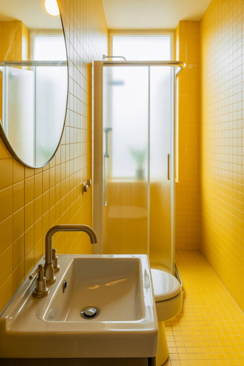 19 Bold Yellow Bathroom Ideas to Brighten Your Space 4 Bright yellow tiled bathroom with white porcelain sink, gold faucet, and glass shower stall