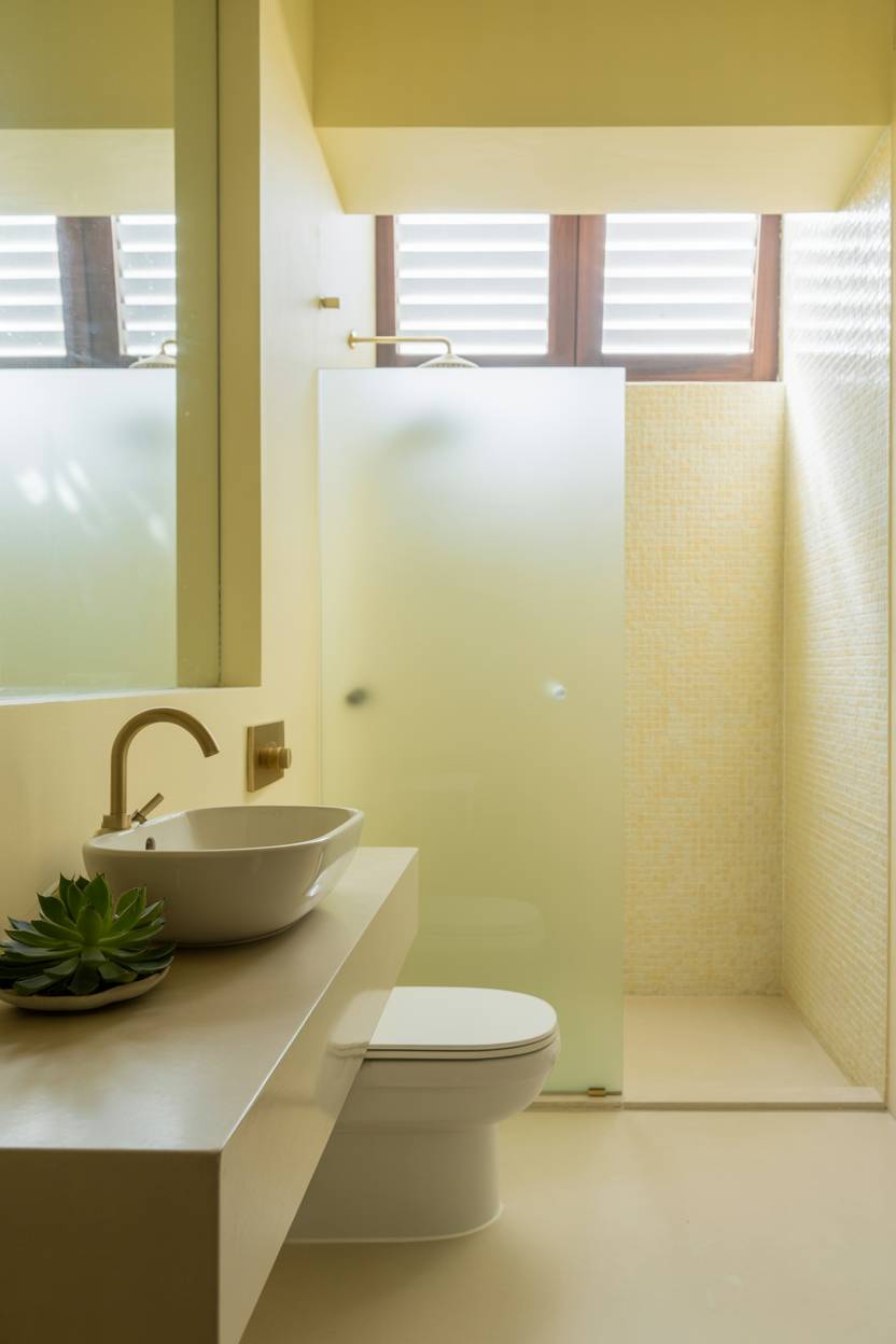 19 Bold Yellow Bathroom Ideas to Brighten Your Space 5 Serene pale yellow bathroom with white sink, gold faucet, and glass shower enclosure