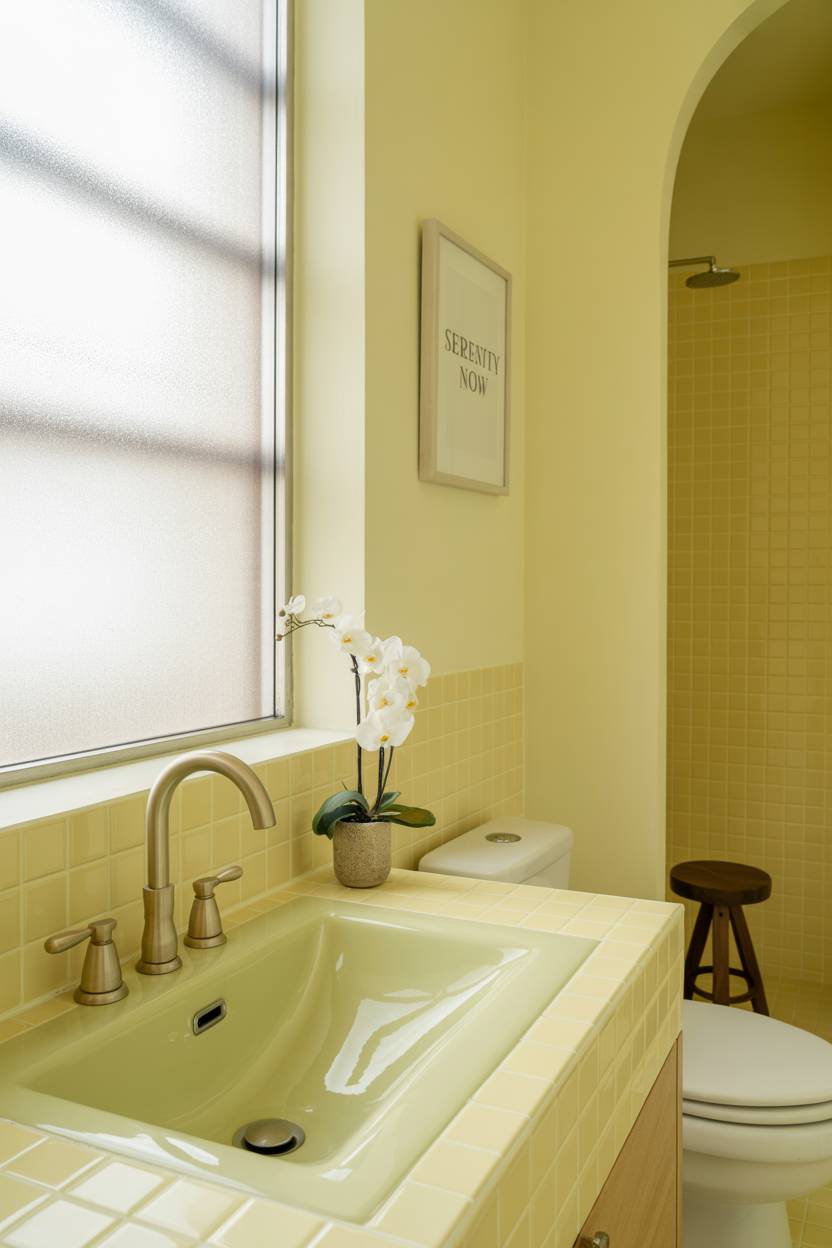 19 Bold Yellow Bathroom Ideas to Brighten Your Space 6 Light yellow bathroom with curved ceramic sink, gold faucet, and white orchids