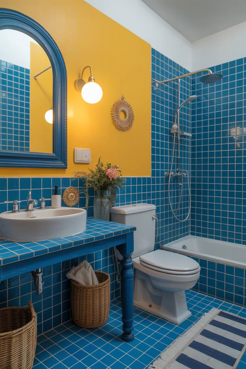 19 Bold Yellow Bathroom Ideas to Brighten Your Space 7 Bathroom with yellow accent wall, blue tile, circular mirrors, and rattan accessories