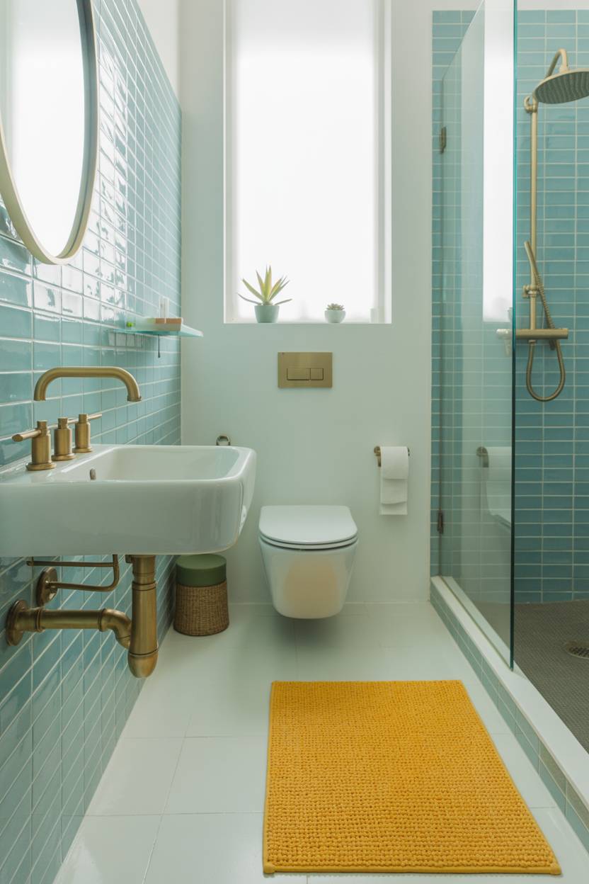 19 Bold Yellow Bathroom Ideas to Brighten Your Space 8 Airy bathroom with blue tiles, white sink, gold fixtures, and yellow bath mat