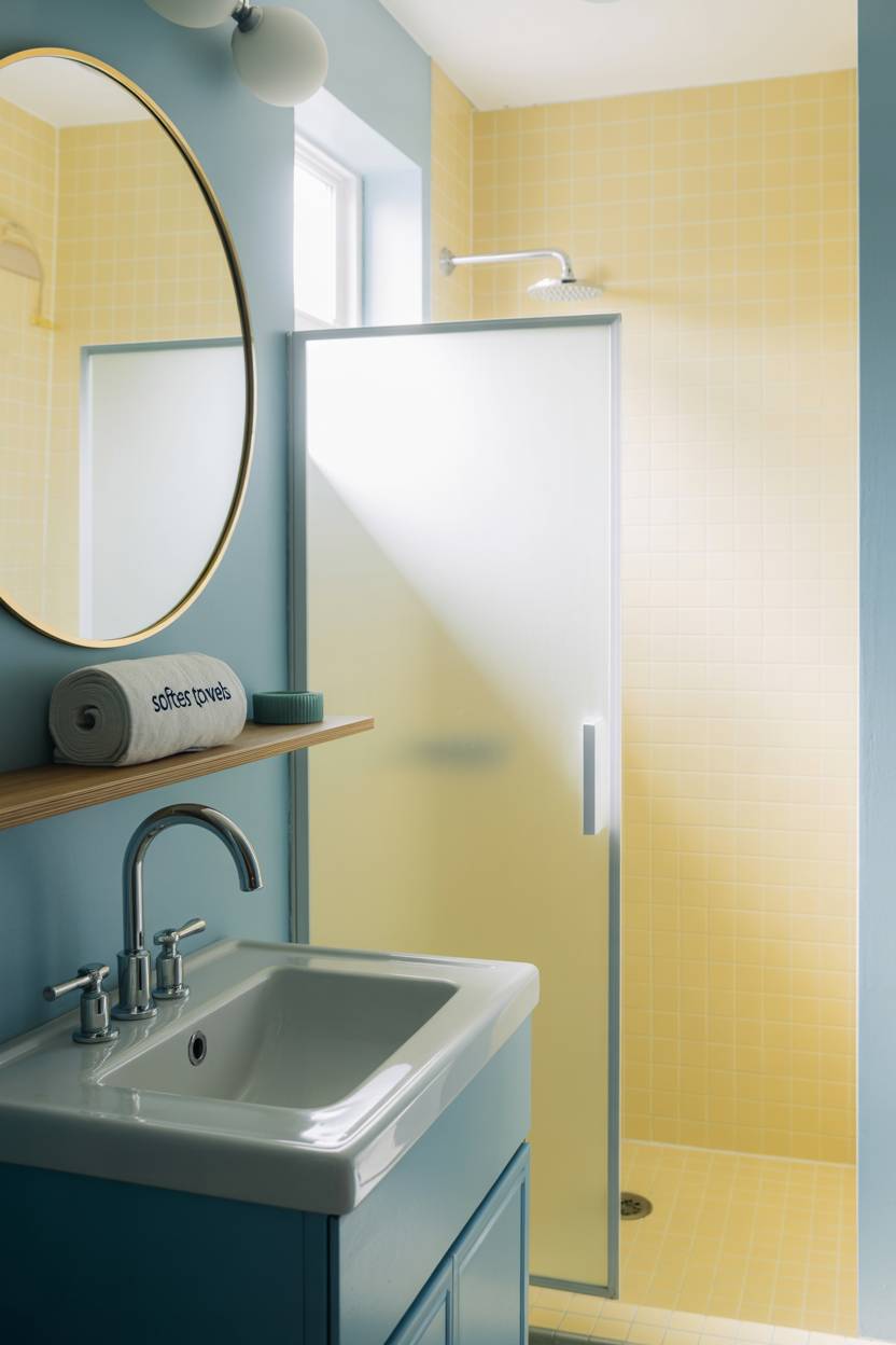19 Bold Yellow Bathroom Ideas to Brighten Your Space 9 Modern bathroom with blue vanity, circular gold mirror, and yellow tiled shower