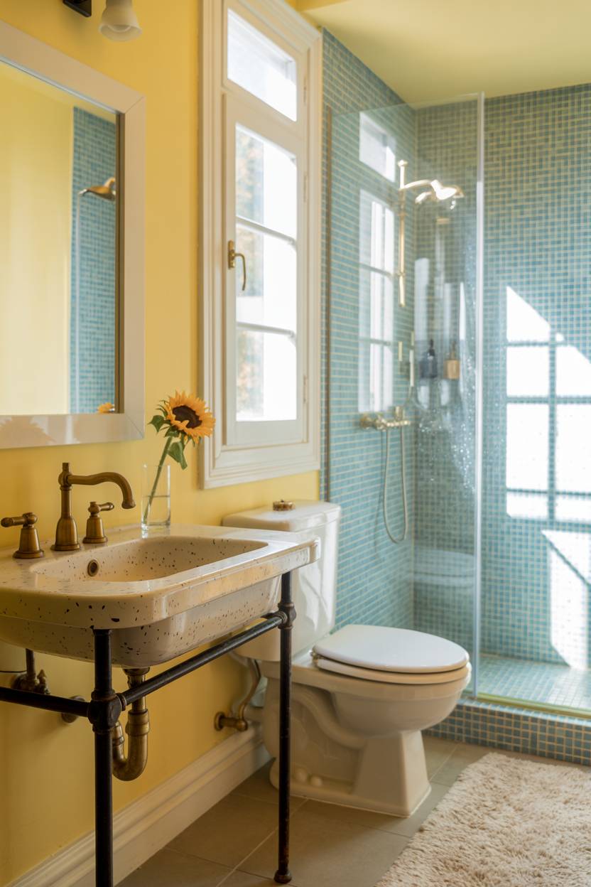 19 Bold Yellow Bathroom Ideas to Brighten Your Space 10 Bright bathroom with yellow walls, blue mosaic shower tiles, and sunflower accent