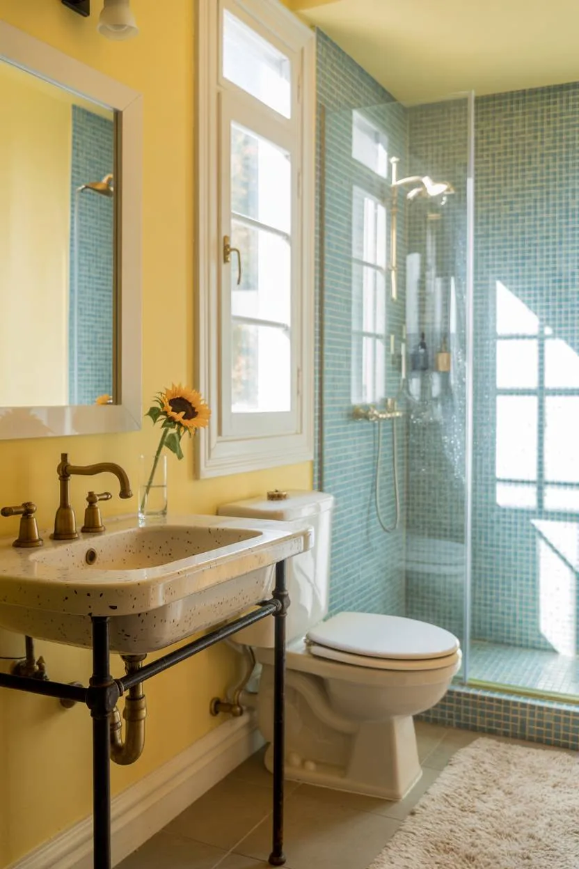 Bright bathroom with yellow walls, blue mosaic shower tiles, and sunflower accent