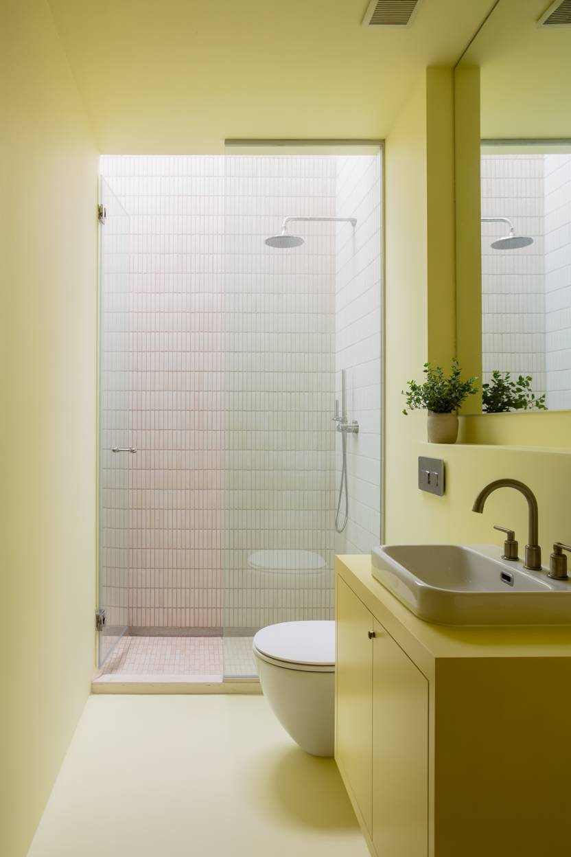 19 Bold Yellow Bathroom Ideas to Brighten Your Space 11 Pale yellow bathroom with white sink, nickel faucet, and glass shower enclosure