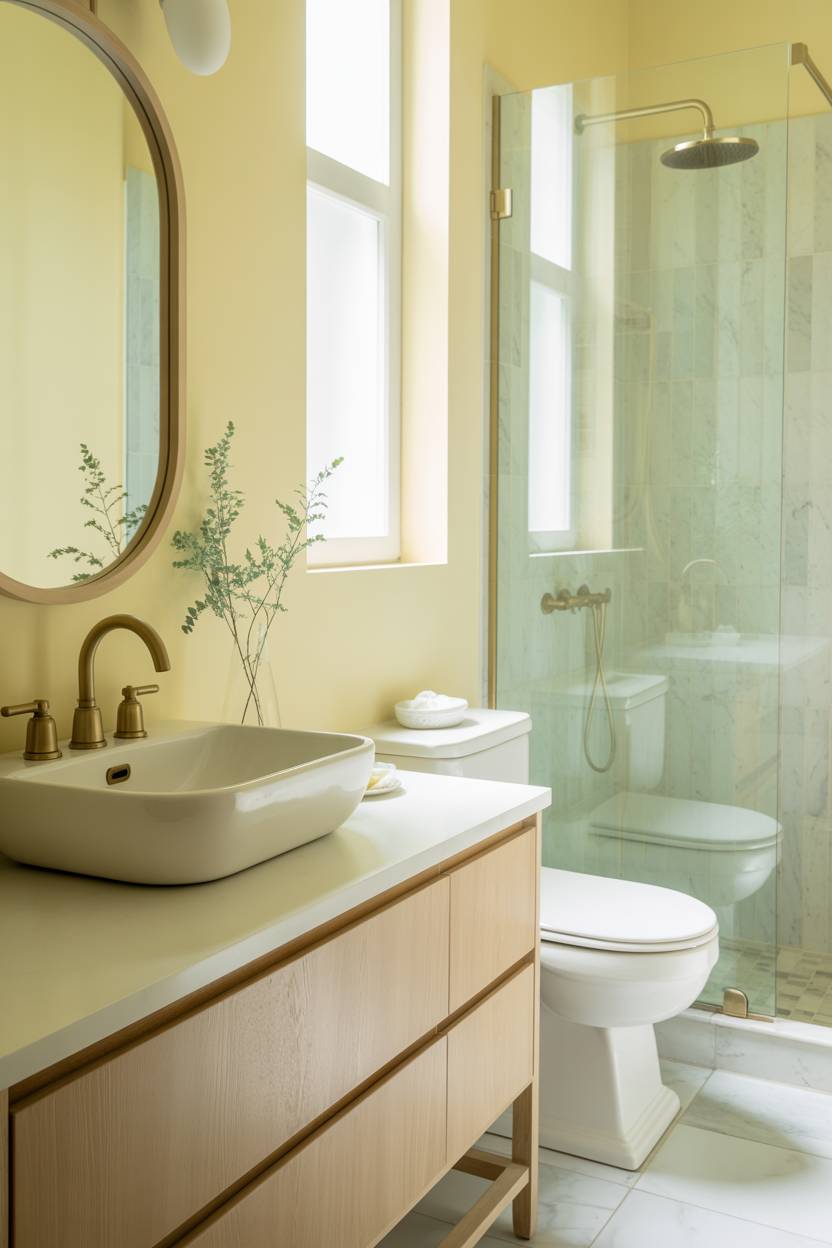 19 Bold Yellow Bathroom Ideas to Brighten Your Space 12 Pale yellow bathroom with light wood vanity, gold faucet, and marble shower tiles