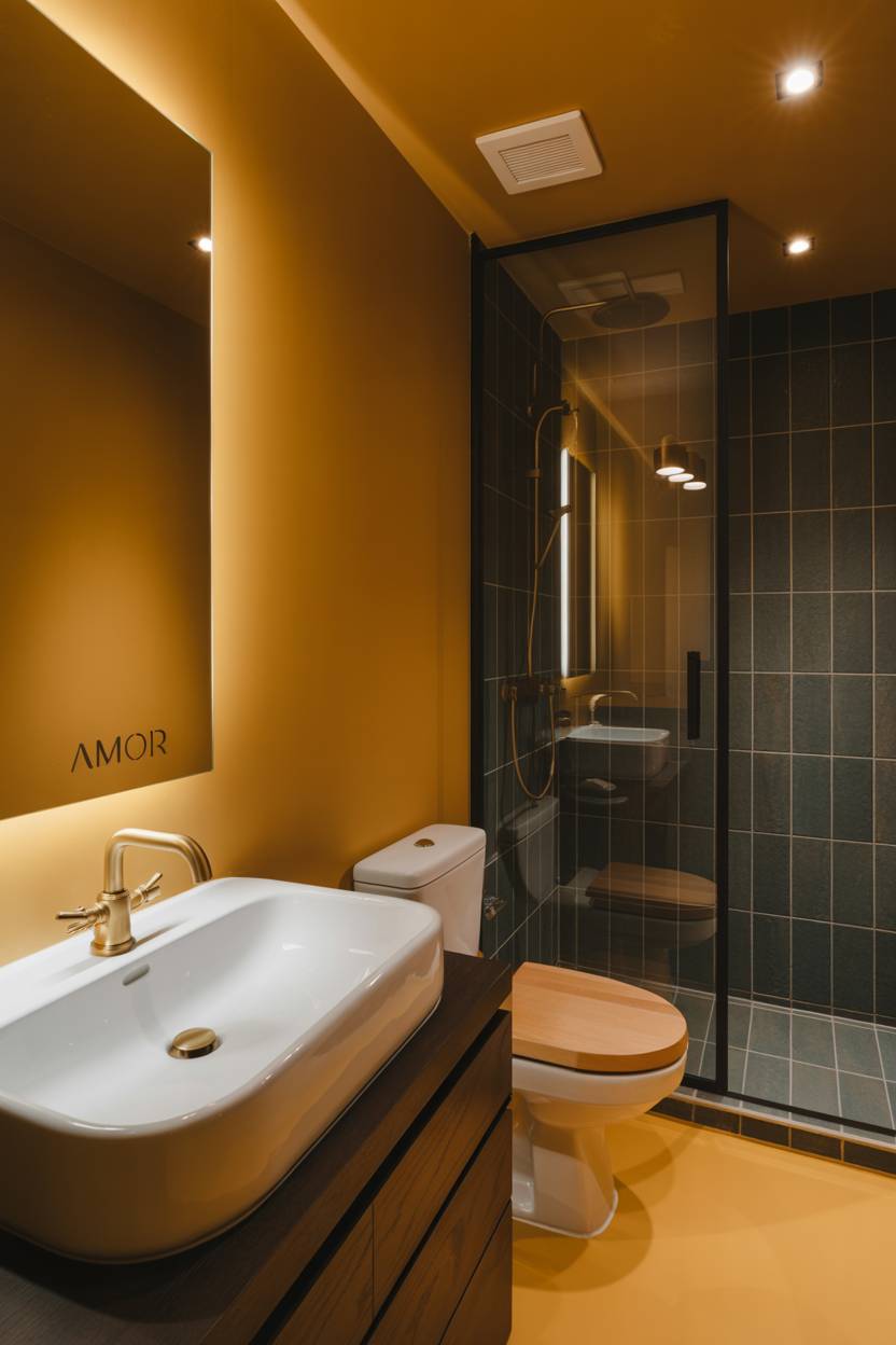 19 Bold Yellow Bathroom Ideas to Brighten Your Space 13 Modern bathroom with mustard yellow walls, white sink on dark wood vanity, and glass shower