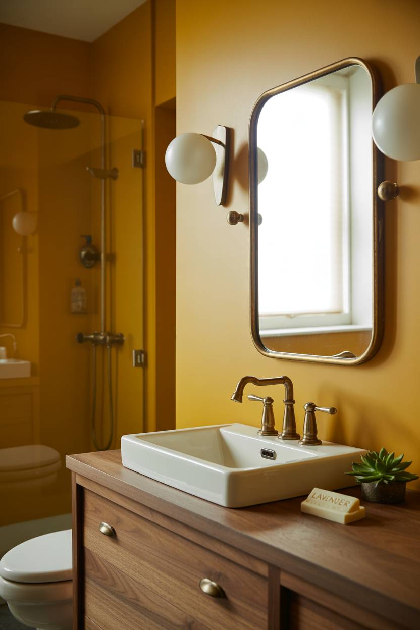 19 Bold Yellow Bathroom Ideas to Brighten Your Space 14 Mustard yellow bathroom with walnut vanity, brass hardware, and vintage-style mirror