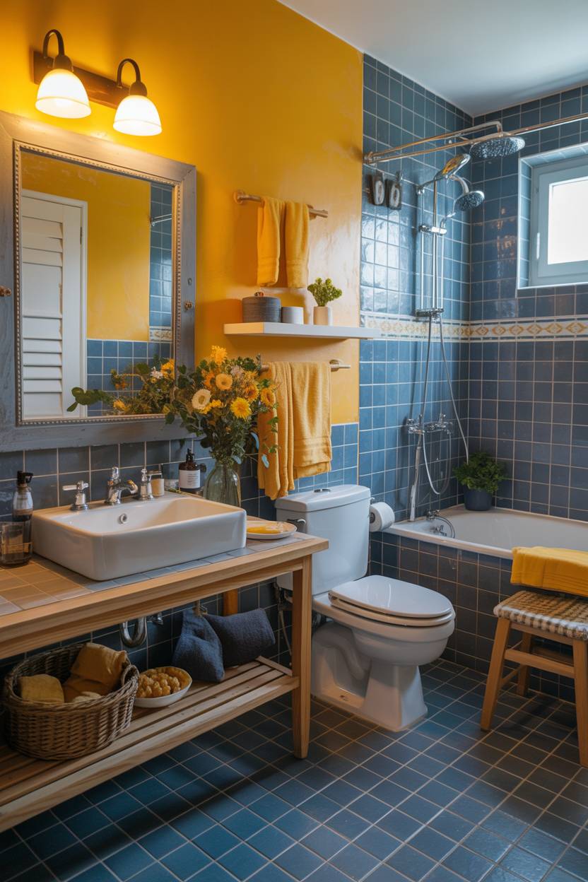 19 Bold Yellow Bathroom Ideas to Brighten Your Space 15 Colorful bathroom with yellow accent wall, blue tile, wooden vanity, and sunflowers