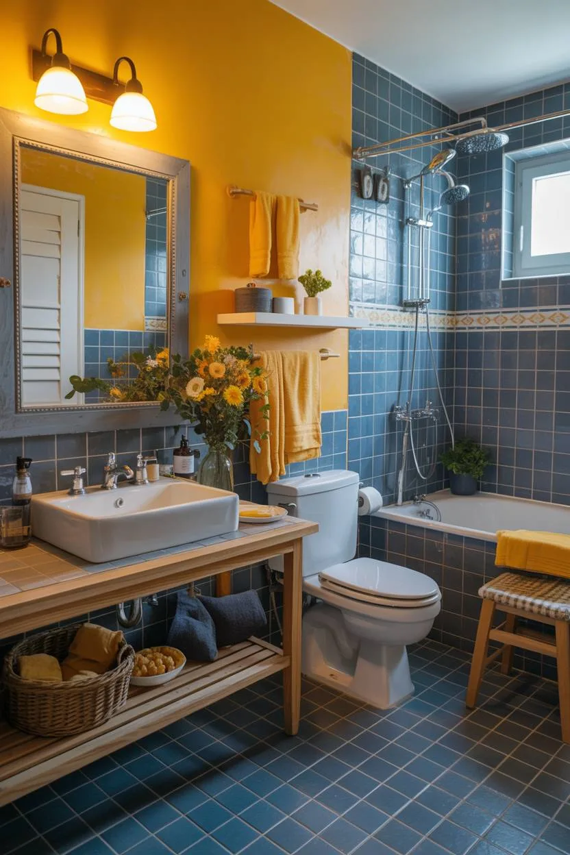 Colorful bathroom with yellow accent wall, blue tile, wooden vanity, and sunflowers