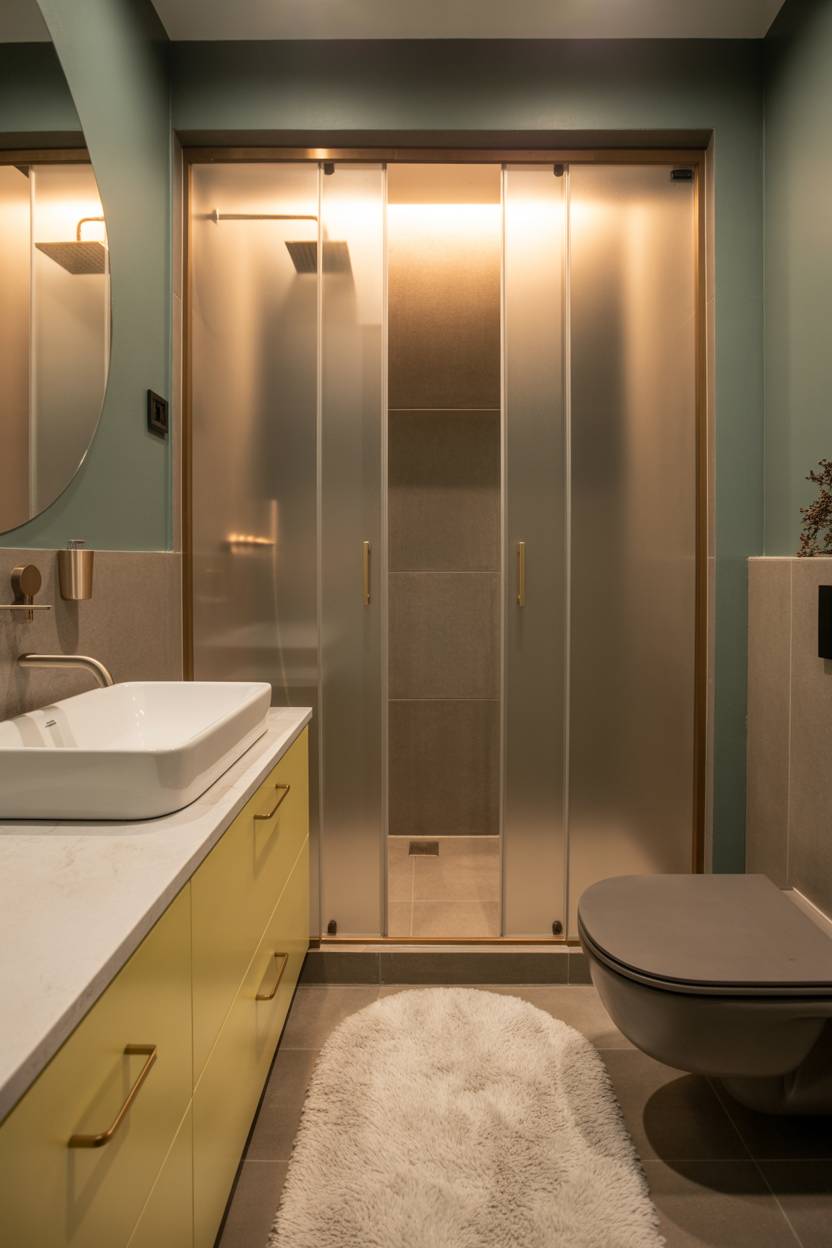19 Bold Yellow Bathroom Ideas to Brighten Your Space 16 Modern bathroom with gray walls, light yellow vanity, and frosted glass shower doors
