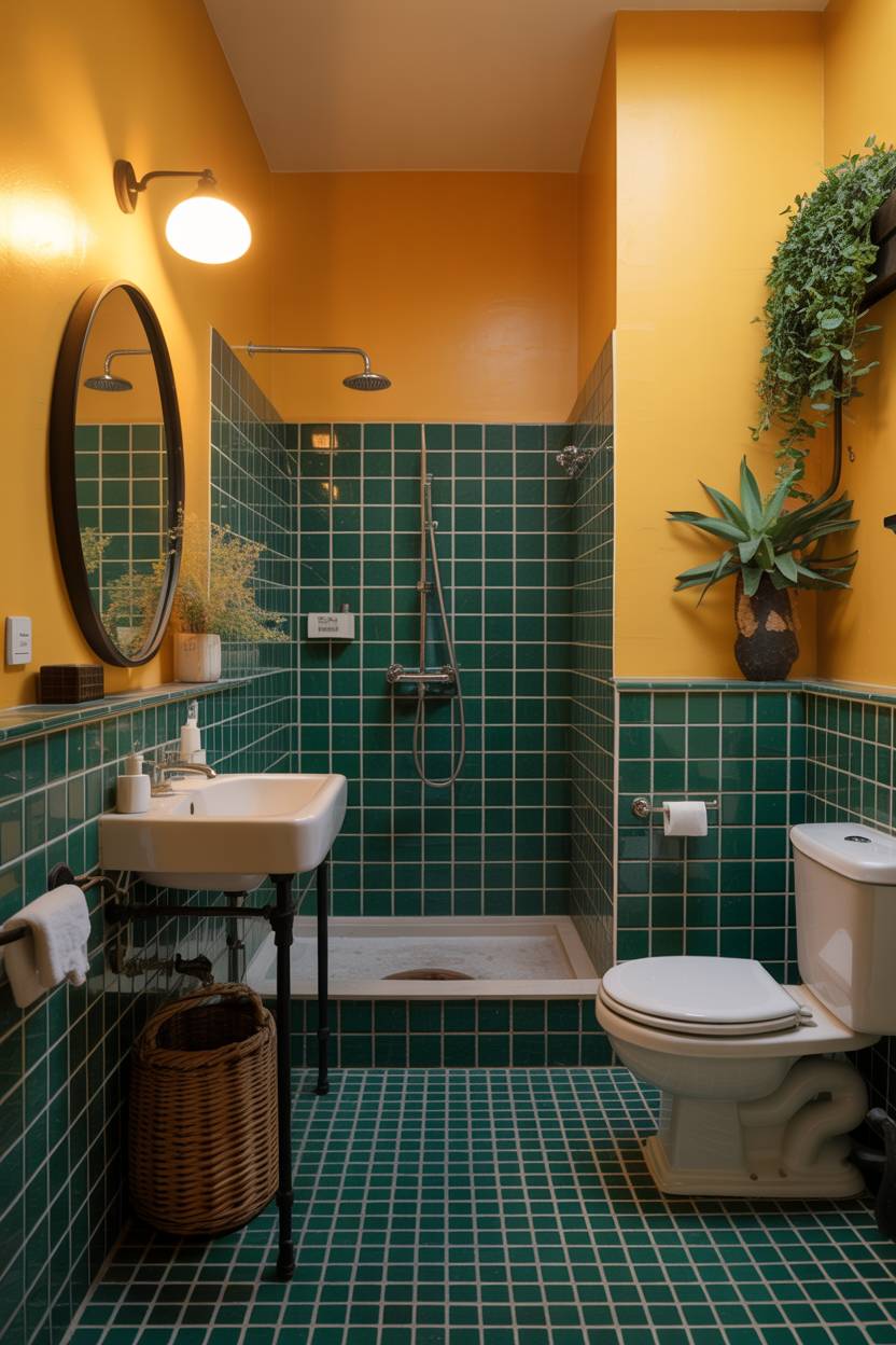 19 Bold Yellow Bathroom Ideas to Brighten Your Space 17 Retro bathroom with mustard yellow walls, emerald green mosaic tiles, and black-framed mirror