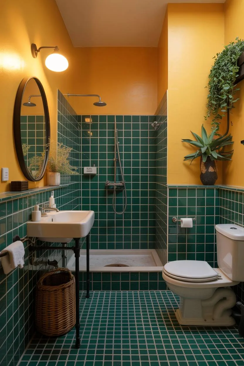 Retro bathroom with mustard yellow walls, emerald green mosaic tiles, and black-framed mirror