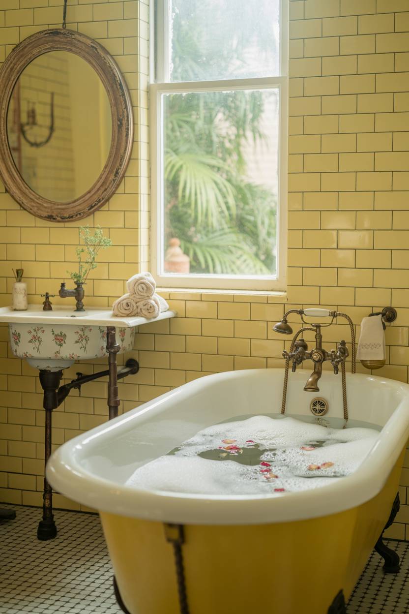 19 Bold Yellow Bathroom Ideas to Brighten Your Space 18 Vintage yellow bathroom with clawfoot tub, brass fixtures, and pale yellow subway tiles