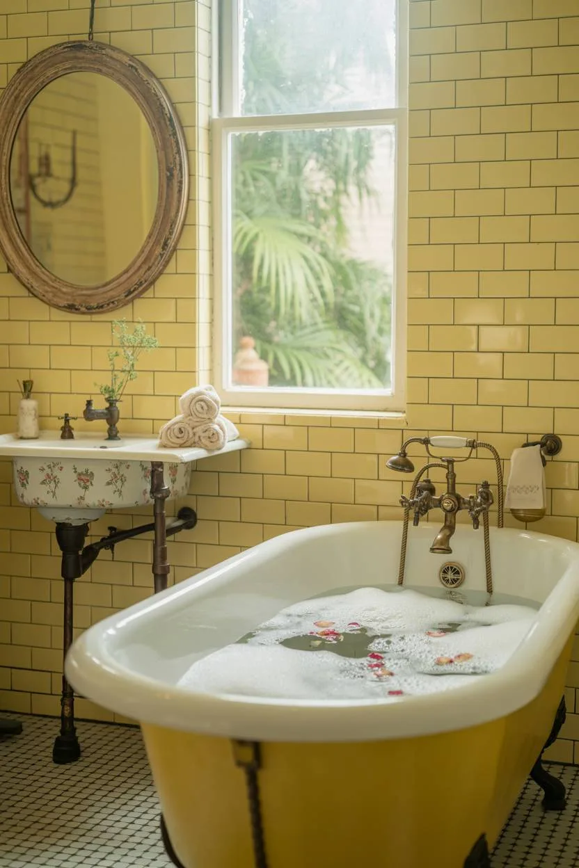 Vintage yellow bathroom with clawfoot tub, brass fixtures, and pale yellow subway tiles
