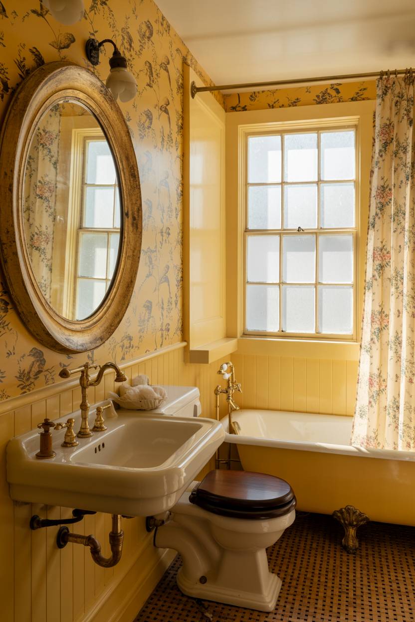 19 Bold Yellow Bathroom Ideas to Brighten Your Space 19 Vintage yellow bathroom with ornate gold fixtures, distressed wood mirror, and floral wallpaper