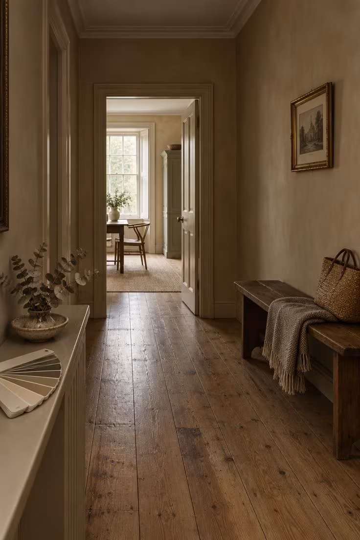 10 Warm Yellow Hallway Ideas to Brighten a Dark Corridor 1 Dim windowless hallway looking toward a brighter room with a paint deck resting on a slim ledge in the foreground.