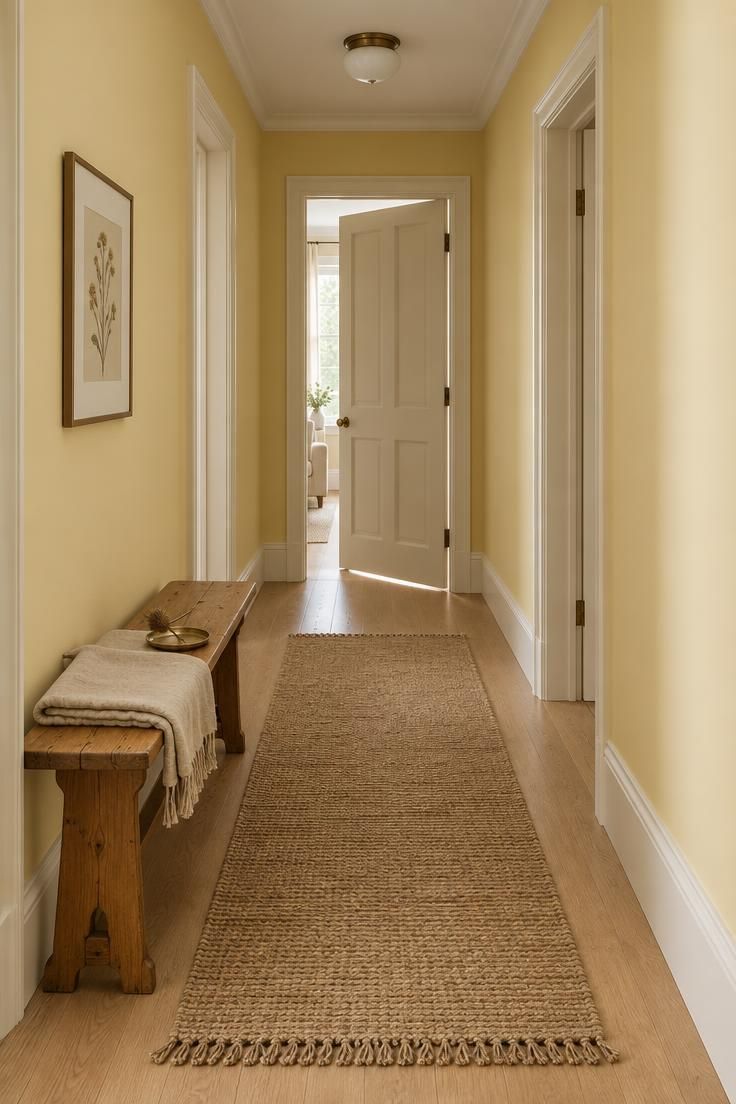 10 Warm Yellow Hallway Ideas to Brighten a Dark Corridor 2 Narrow hallway with soft butter-yellow walls, off-white trim, and a pale oak floor with a jute runner.