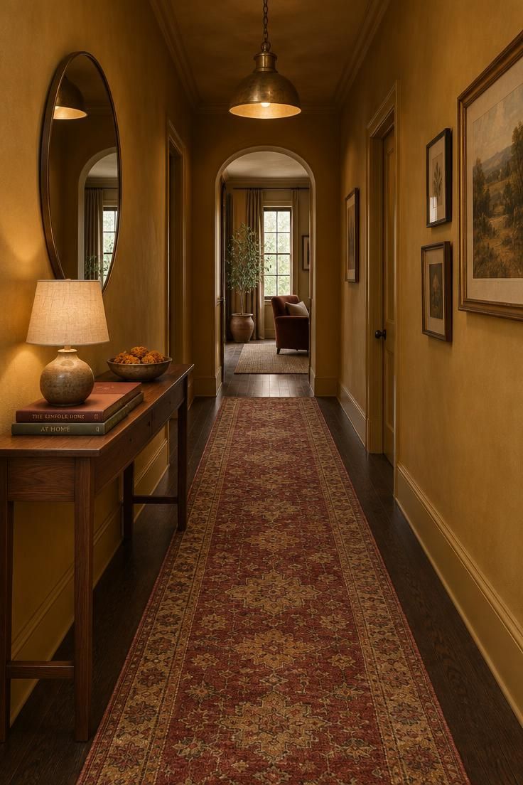 10 Warm Yellow Hallway Ideas to Brighten a Dark Corridor 3 Corridor with matte mustard walls, dark stained floor, and a worn red-and-ochre patterned runner.