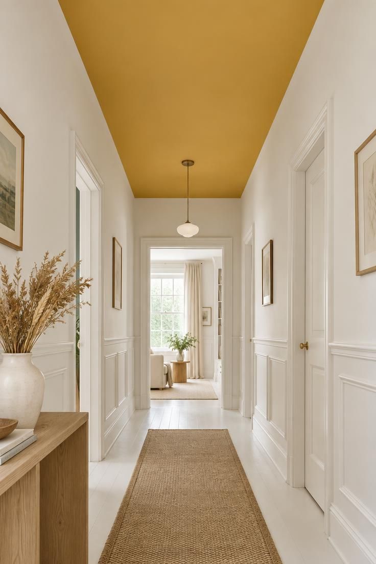 10 Warm Yellow Hallway Ideas to Brighten a Dark Corridor 4 Upward view of a corridor with a soft marigold ceiling, chalk-white walls, and a slim pendant at the far end.