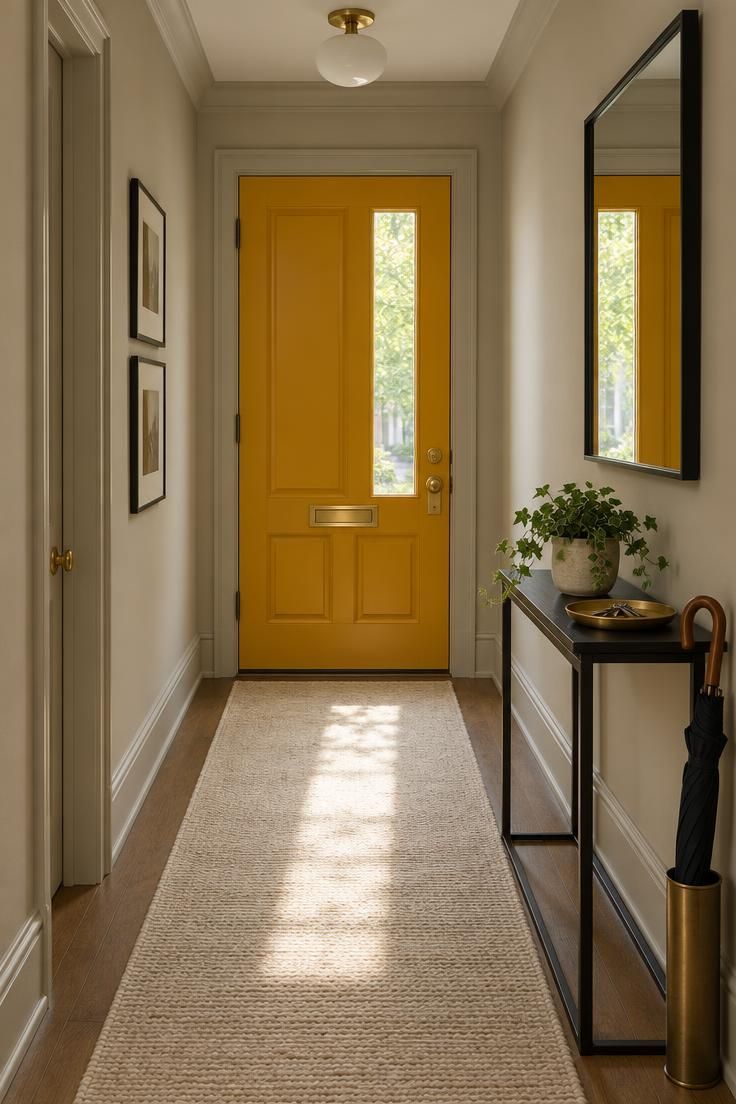 10 Warm Yellow Hallway Ideas to Brighten a Dark Corridor 5 Neutral hallway looking toward a saturated marigold front door with brass hardware and a glass panel.