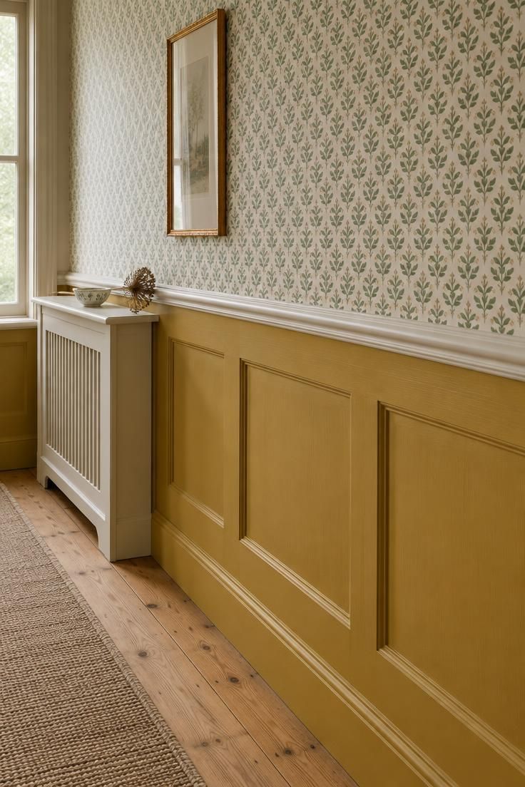 10 Warm Yellow Hallway Ideas to Brighten a Dark Corridor 6 Mustard painted wainscot below a small-scale block-print wallpaper with a painted dado rail between.