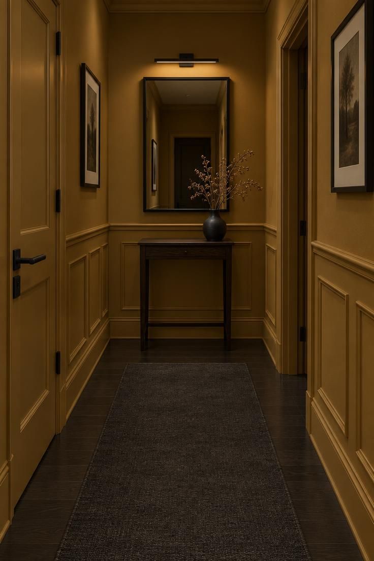 10 Warm Yellow Hallway Ideas to Brighten a Dark Corridor 7 Tailored corridor with ochre painted panelling, black door hardware, and a black-framed mirror at the end.