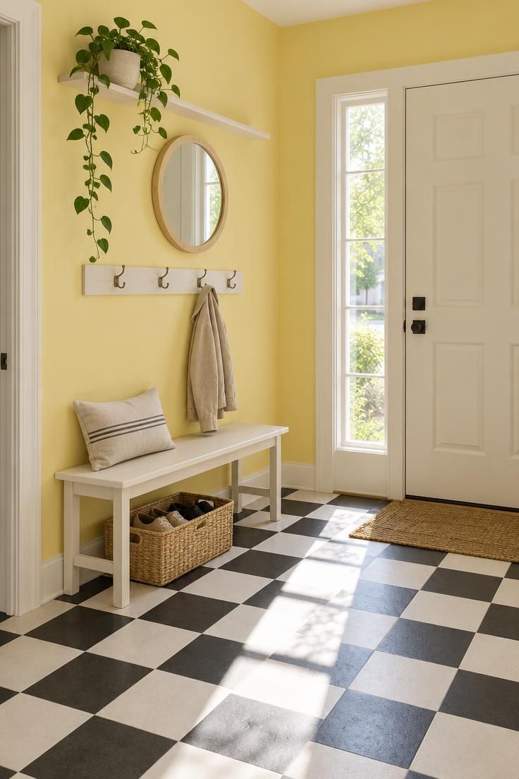 10 Warm Yellow Hallway Ideas to Brighten a Dark Corridor 8 Compact entry hall with lemon-yellow walls, a black-and-white checkerboard floor, and a slim bench with hooks.