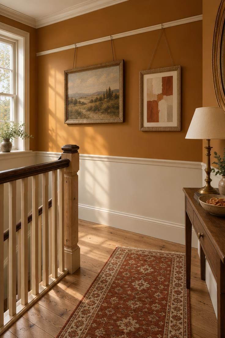 10 Warm Yellow Hallway Ideas to Brighten a Dark Corridor 9 Stair landing with an amber wall above a picture rail, two framed artworks, and a wool runner.