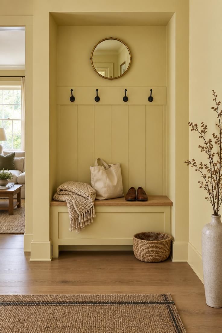 10 Warm Yellow Hallway Ideas to Brighten a Dark Corridor 10 Soft yellow entry alcove with a built-in bench, black hooks, and a brass mirror above.